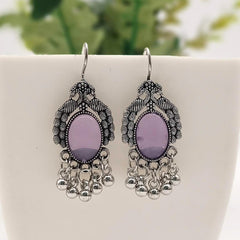 Light Purple Color Peacock Design Oval Shape Silver Oxidised Earrings