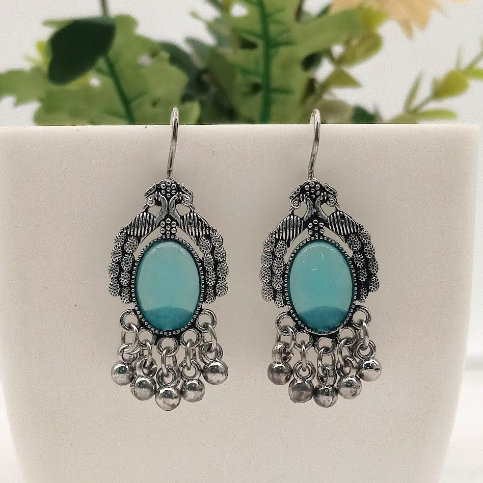 Blue Color Peacock Design Oval Shape Silver Oxidised Earrings