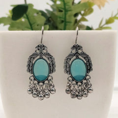 Blue Color Peacock Design Oval Shape Silver Oxidised Earrings