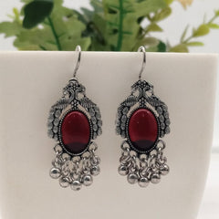 Dark Red Color Peacock Design Oval Shape Silver Oxidised Earrings