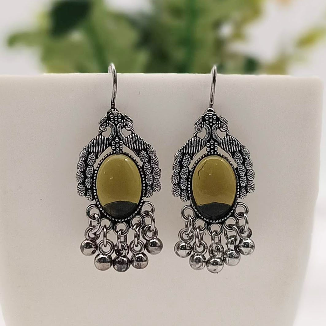 Olive Green Color Peacock Design Oval Shape Silver Oxidised Earrings