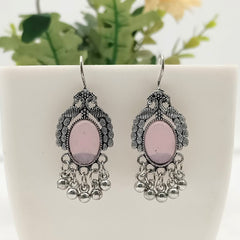 Baby Pink Color Peacock Design Oval Shape Silver Oxidised Earrings
