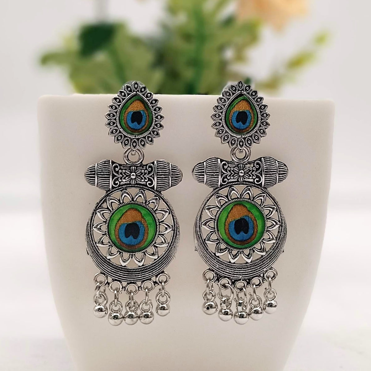 Gorgeous Trendy Peacock Sticker Silver Oxidised Earrings