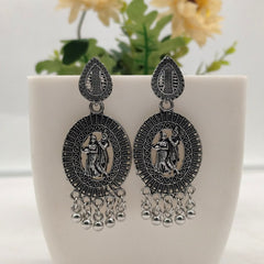 Radha Krishna Oval Shape Trendy Silver Oxidised Earrings