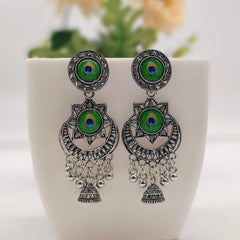 Peacock Sticker Drop Jhumka Trendy Silver Oxidised Earrings