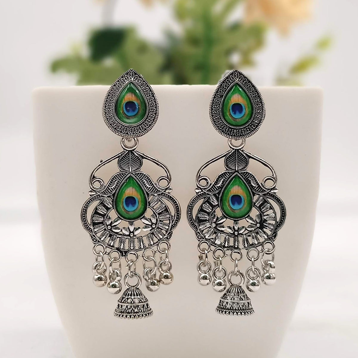 Beautiful Tikka Shape Peacock Sticker Trendy Jhumka Silver Oxidised Earrings