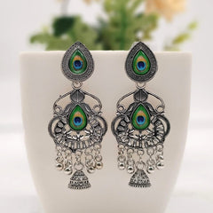 Beautiful Tikka Shape Peacock Sticker Trendy Jhumka Silver Oxidised Earrings