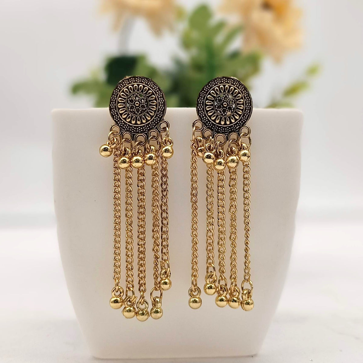 Round Shape Drop Chains Trendy Golden Oxidised Earrings