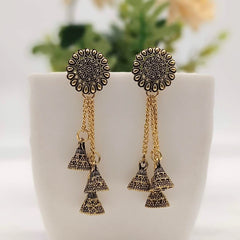 Triple Jhumka With Drop Chains Trendy Golden Oxidised Earrings