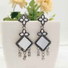 Mirror Flower & Square Shape Trendy Silver Oxidised Earrings