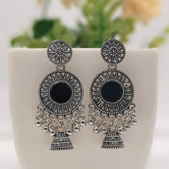 Black Mirror Round Shape Trendy Silver Oxidised Earrings