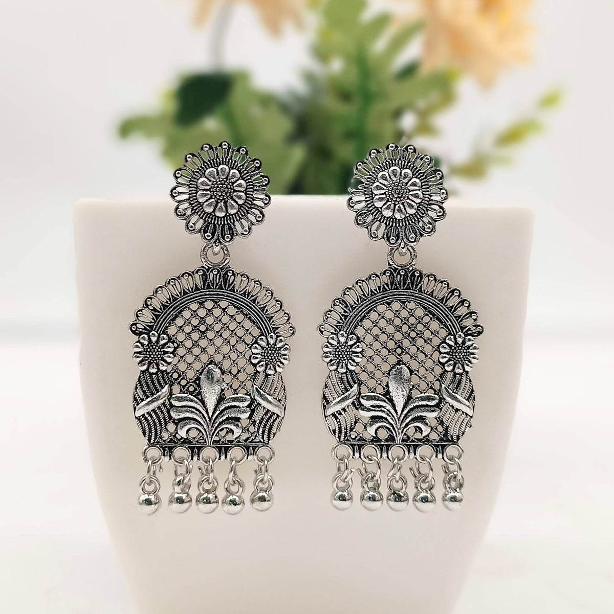 Flowers Design Beautiful Trendy Silver Oxidised Earrings