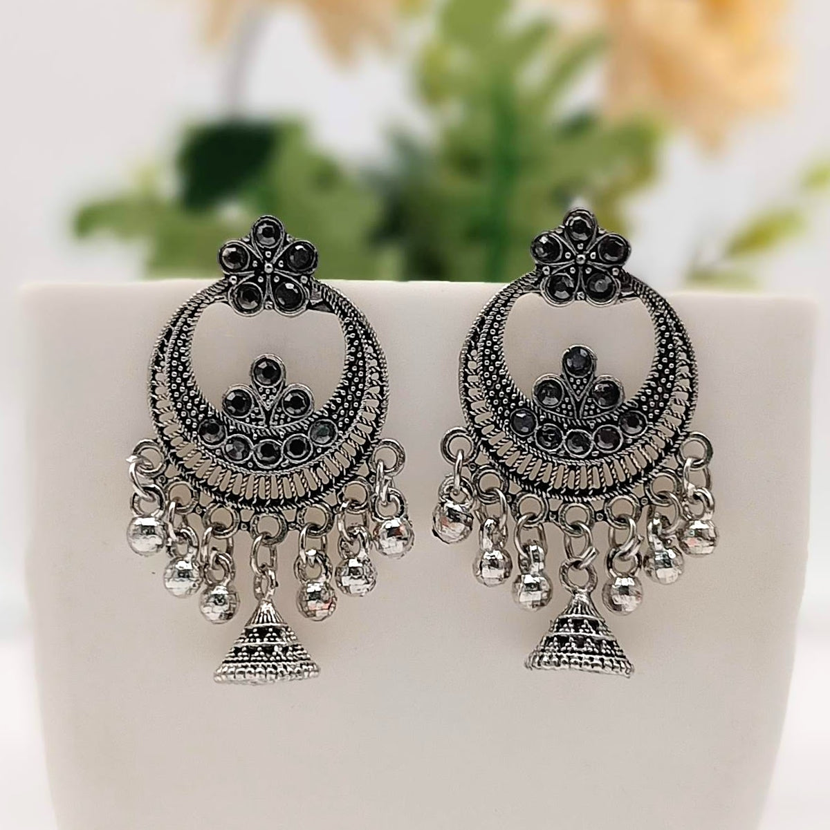 Black Stone Chaandbali Jhumka Trendy Silver Oxidised Earrings