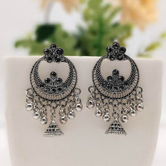 Black Stone Chaandbali Jhumka Trendy Silver Oxidised Earrings