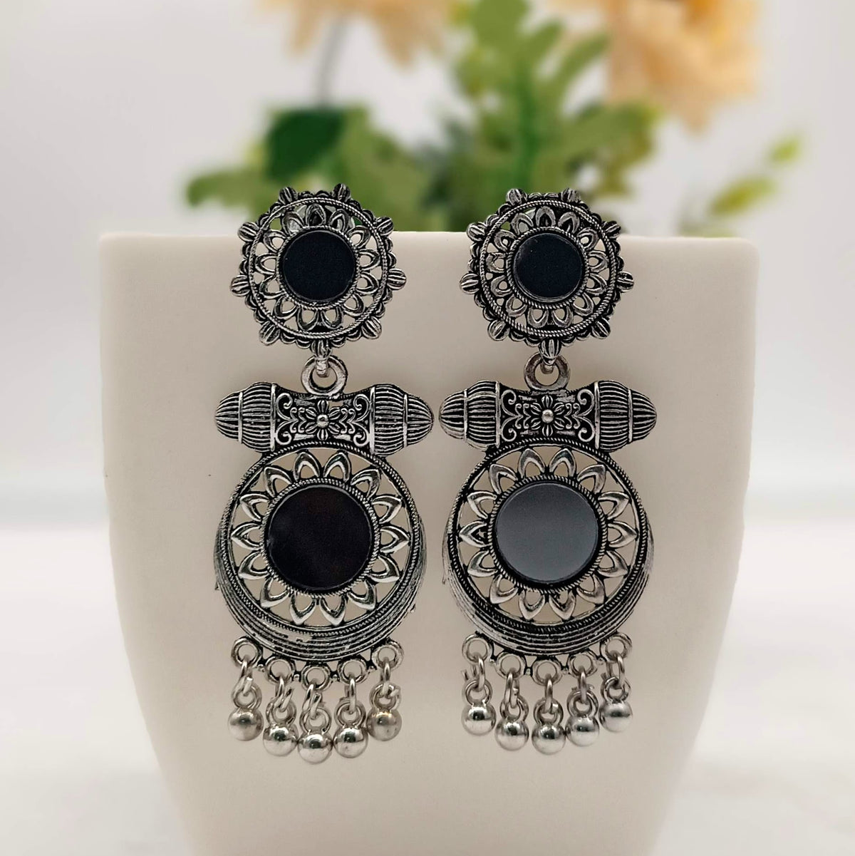 Double Round Shape Mirror Trendy Silver Oxidised Earrings