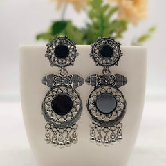 Double Round Shape Mirror Trendy Silver Oxidised Earrings