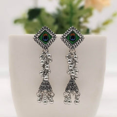 Peacock Sticker Drop Jhumka Trendy Silver Oxidised Earrings