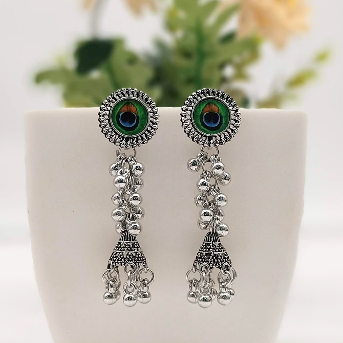 Round Peacock Sticker Drop Jhumka Trendy Silver Oxidised Earrings