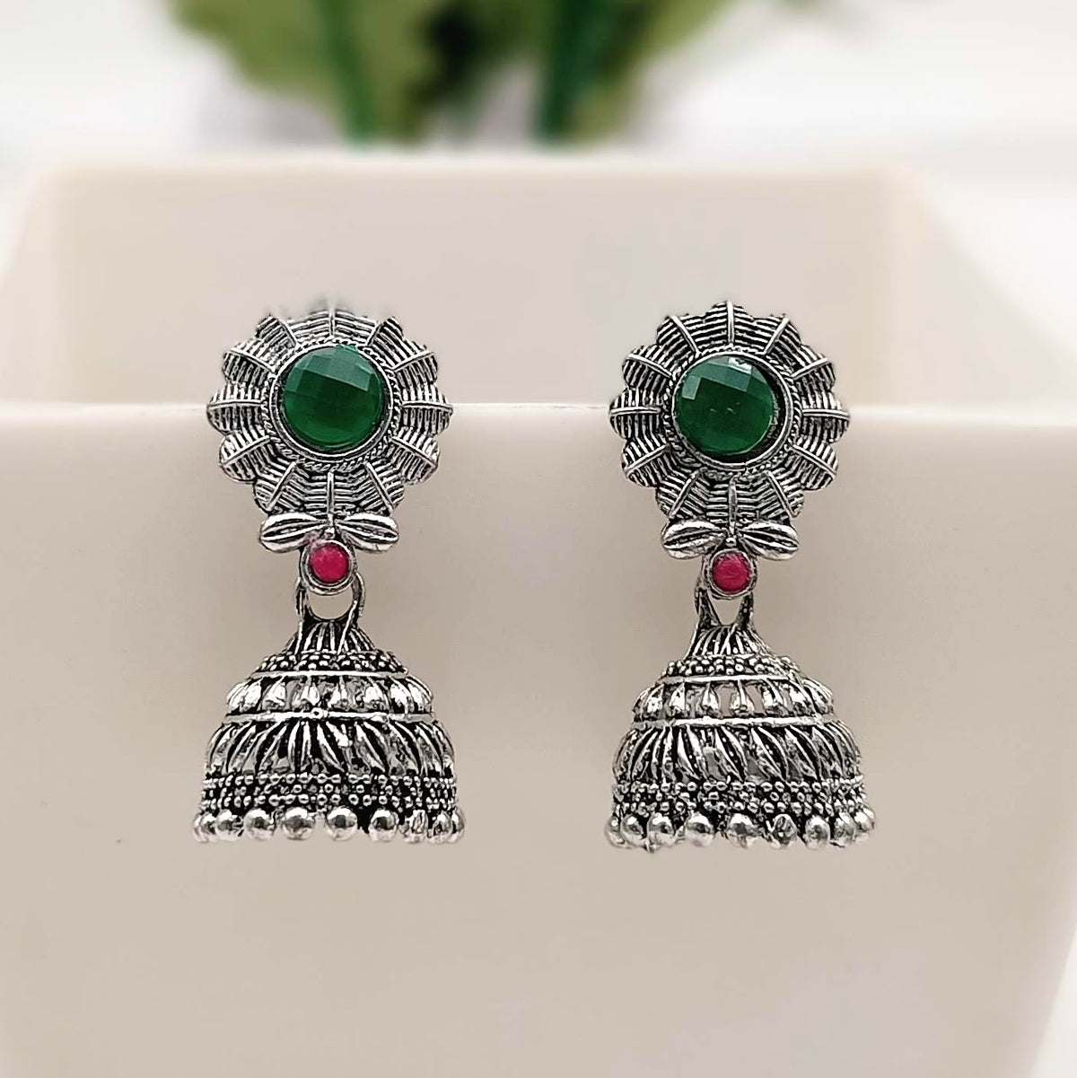 Green & Pink Stone Jhumka Trendy Silver Oxidised Earrings