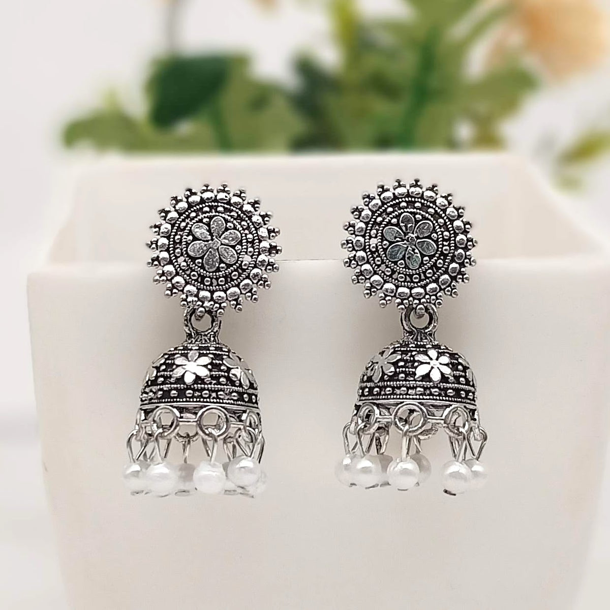 Flower Design Cute Jhumka Trendy Silver Oxidised Earrings