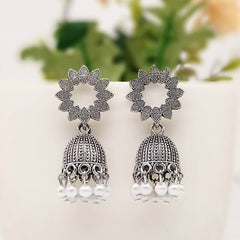 Flower Design White Beads Jhumka Trendy Silver Oxidised Earrings