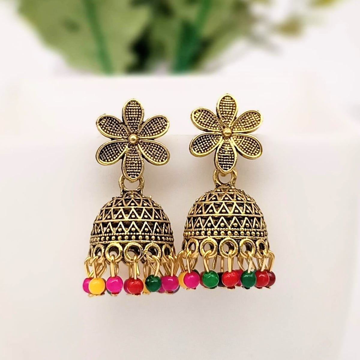 Cute Flower Multicolor Beads Jhumka Trendy Golden Oxidised Earrings