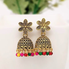 Cute Flower Multicolor Beads Jhumka Trendy Golden Oxidised Earrings