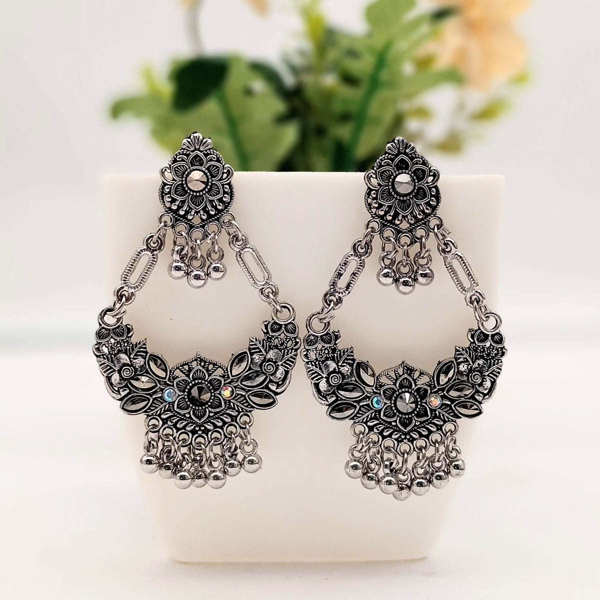 Chaandbali Stone Studded Trendy Silver Oxidised Earrings