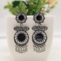 Double Black Color Round Mirror Trendy Silver Oxidised Earrings