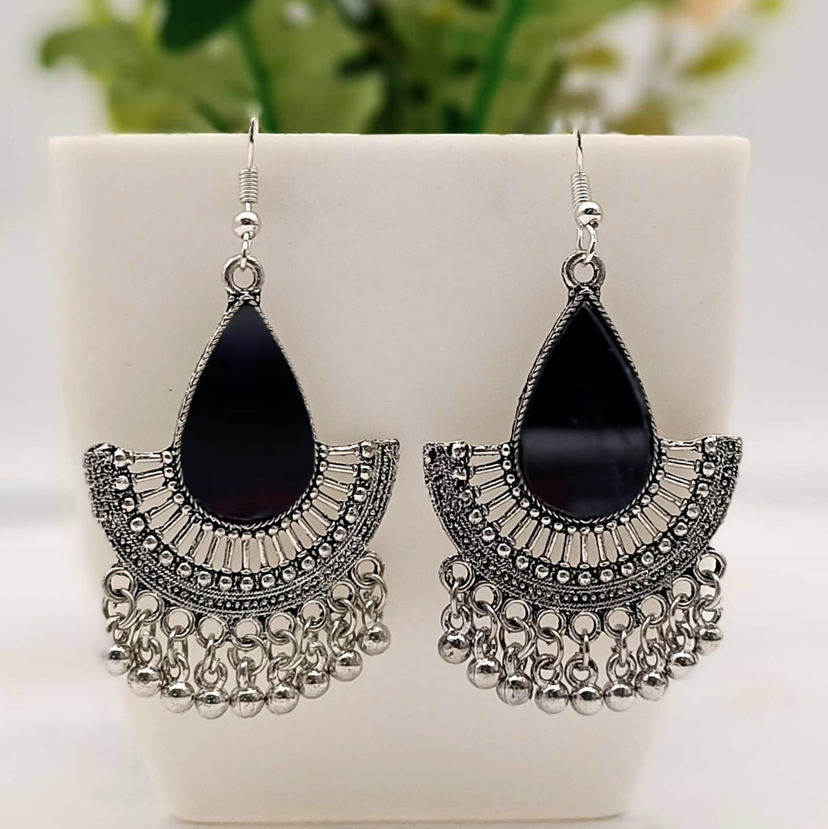 Tikka Shape Black Mirror Chaandbali Trendy Silver Oxidised Earrings