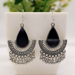 Tikka Shape Black Mirror Chaandbali Trendy Silver Oxidised Earrings