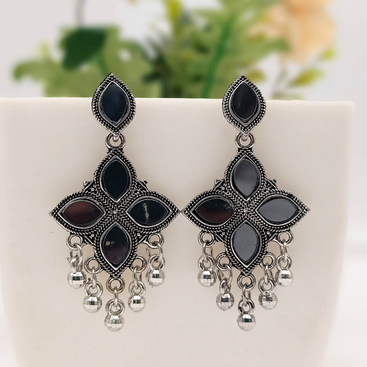 Flower Design Black Mirror Silver Classic Oxidised Earrings