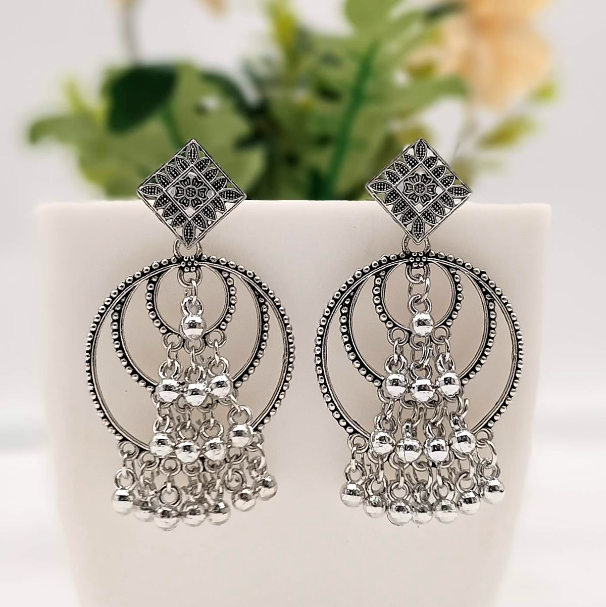 Triple Layer Bali Drop Beads Silver Classic Oxidised Earrings