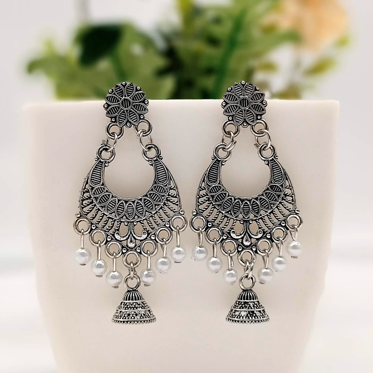 Drop White Beads & Jhumka Silver Classic Oxidised Earrings
