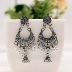 Drop White Beads & Jhumka Silver Classic Oxidised Earrings