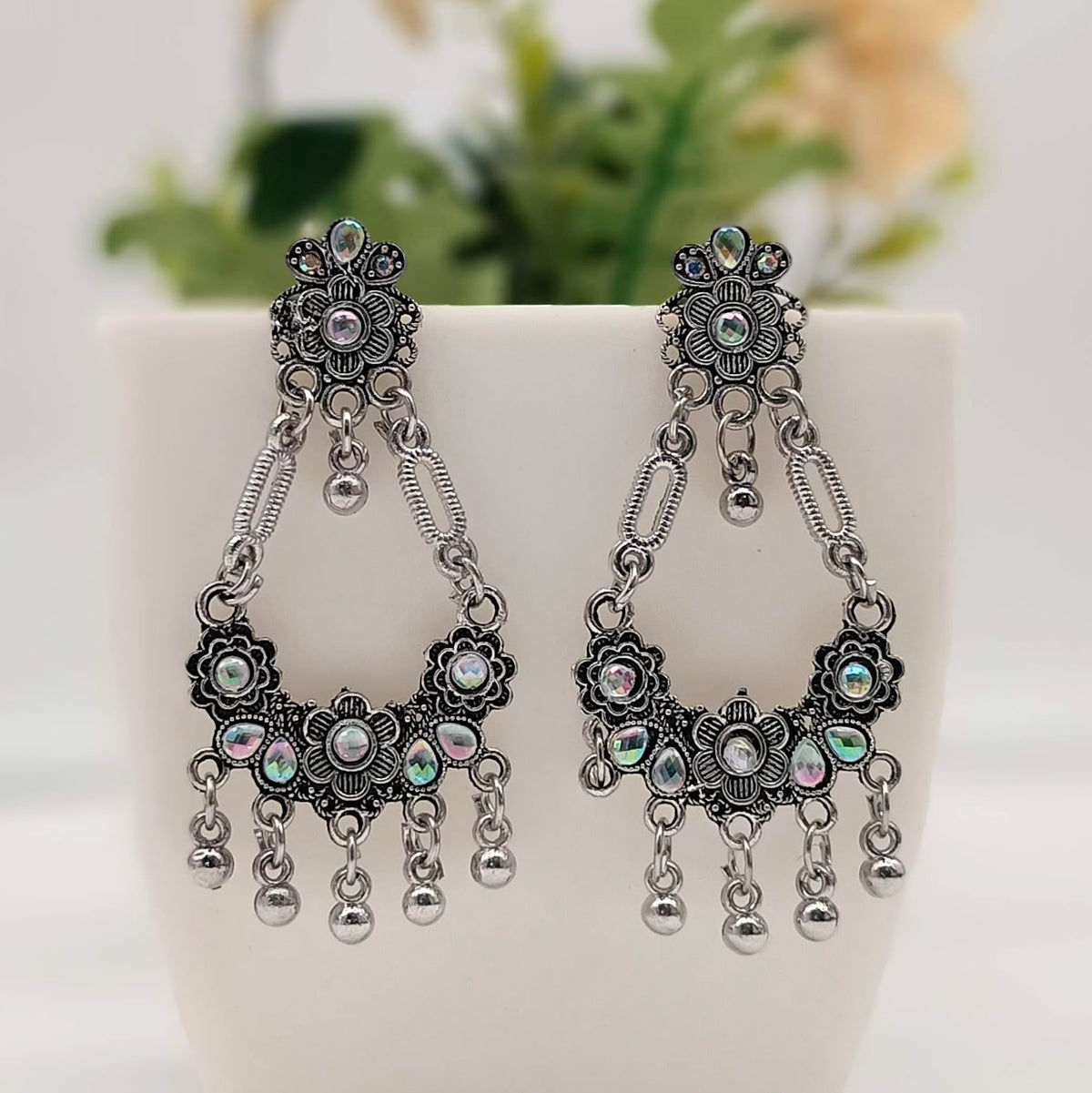 Rainbow Stone Chaandbali Silver Classic Oxidised Earrings