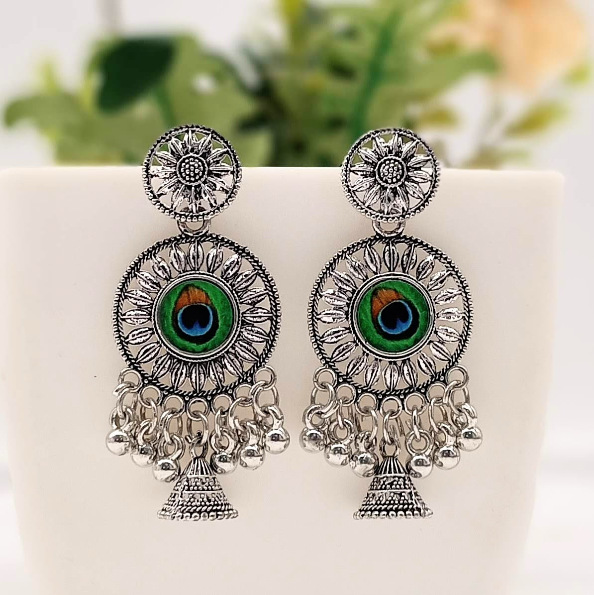Round Peacock Sticker Jhumka Silver Classic Oxidised Earrings