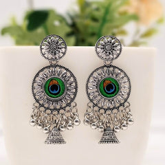 Round Peacock Sticker Jhumka Silver Classic Oxidised Earrings
