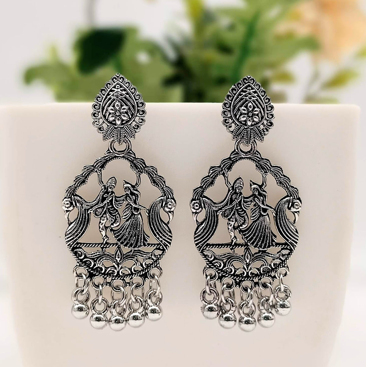 Dancing Couple Drop Beads Silver Classic Oxidised Earrings