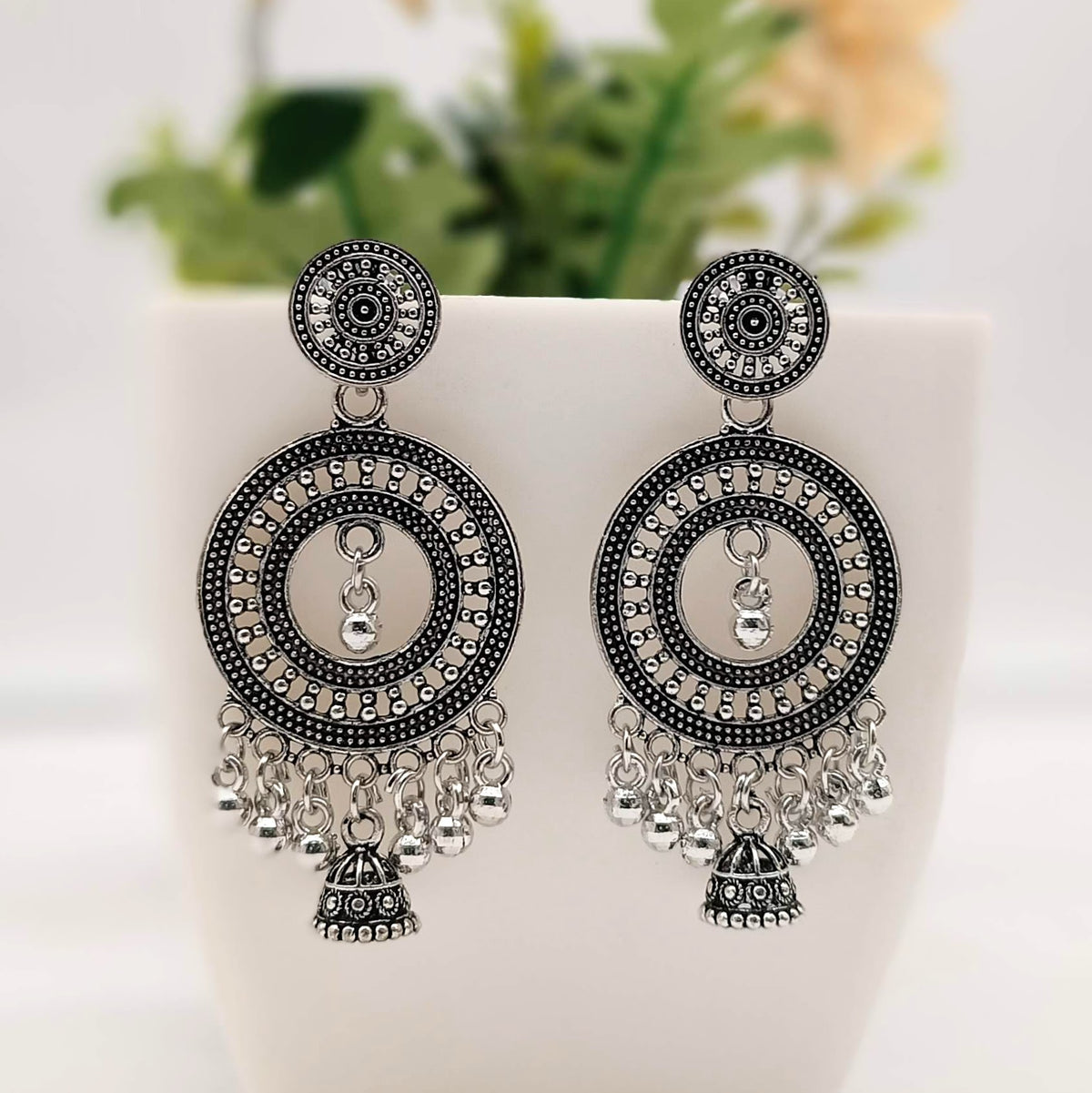 Gorgeous Round Shape Drop Jhumka Silver Classic Oxidised Earrings