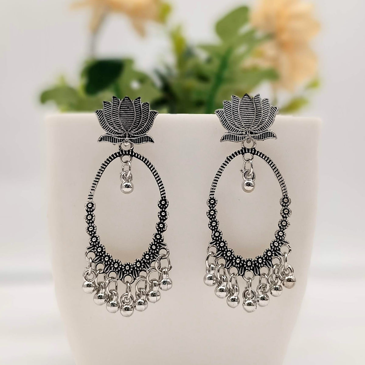 Lotus & Tiny Flower Design Silver Classic Oxidised Earrings