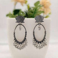Lotus & Tiny Flower Design Silver Classic Oxidised Earrings