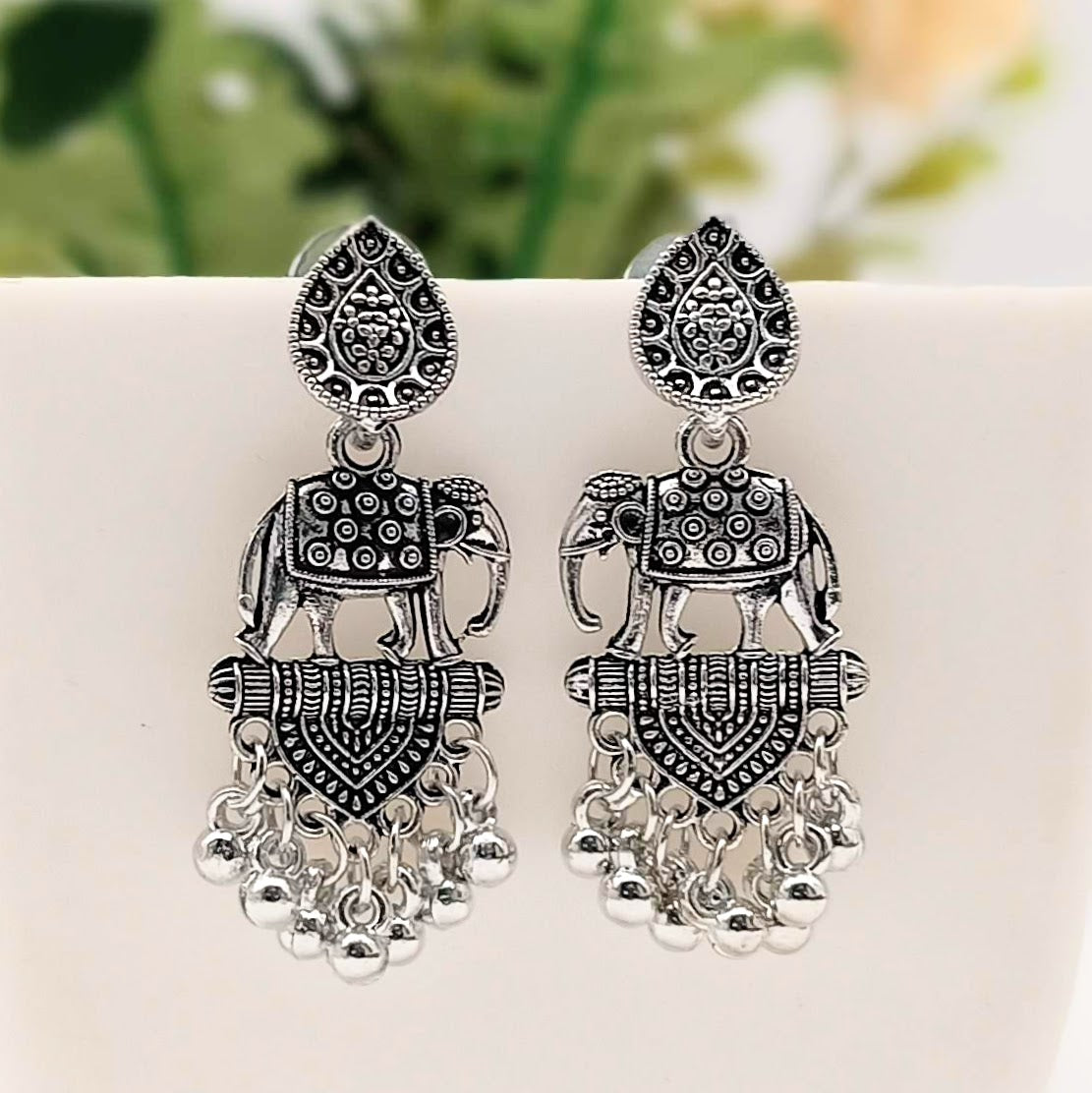 Tribal Elephant Design Silver Classic Oxidised Earrings