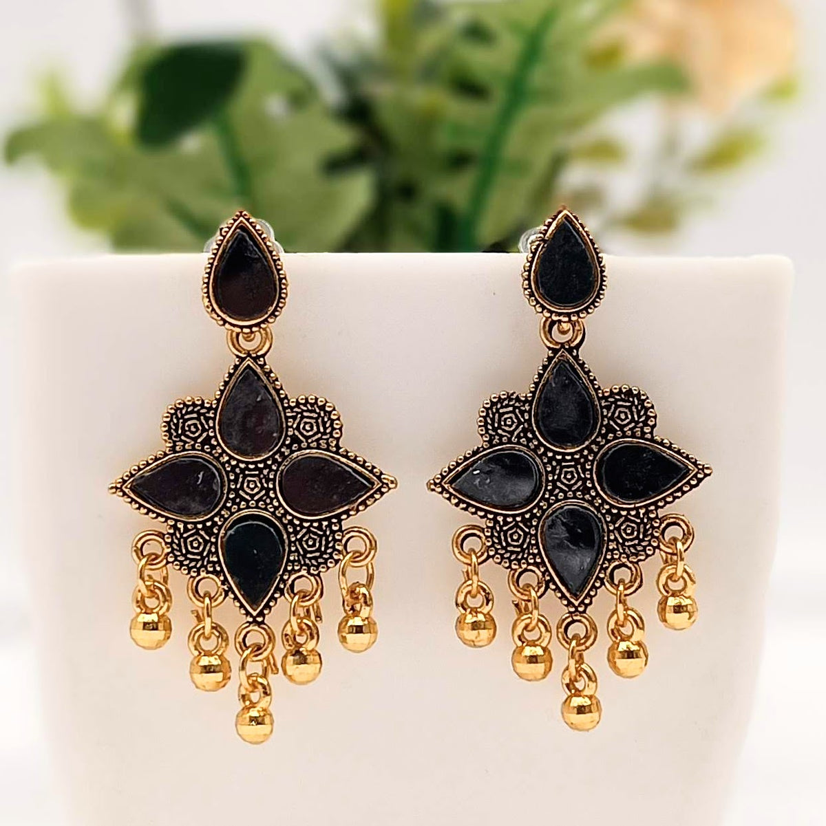 Black Mirror Floral Design Golden Classic Oxidised Earrings