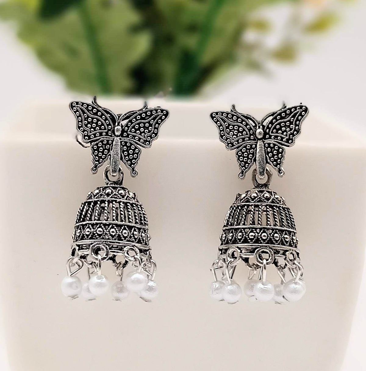 Butterfly Drop White Beads Jhumka Silver Classic Oxidised Earrings