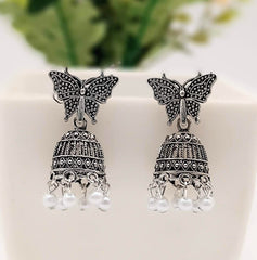 Butterfly Drop White Beads Jhumka Silver Classic Oxidised Earrings