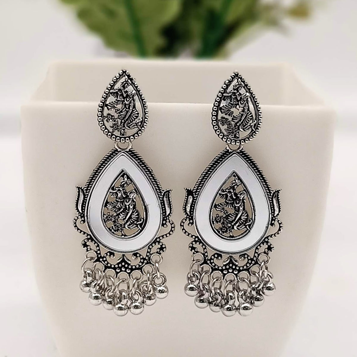 Tikka Shape Mirror Beads Silver Classic Oxidised Earrings