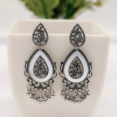 Tikka Shape Mirror Beads Silver Classic Oxidised Earrings