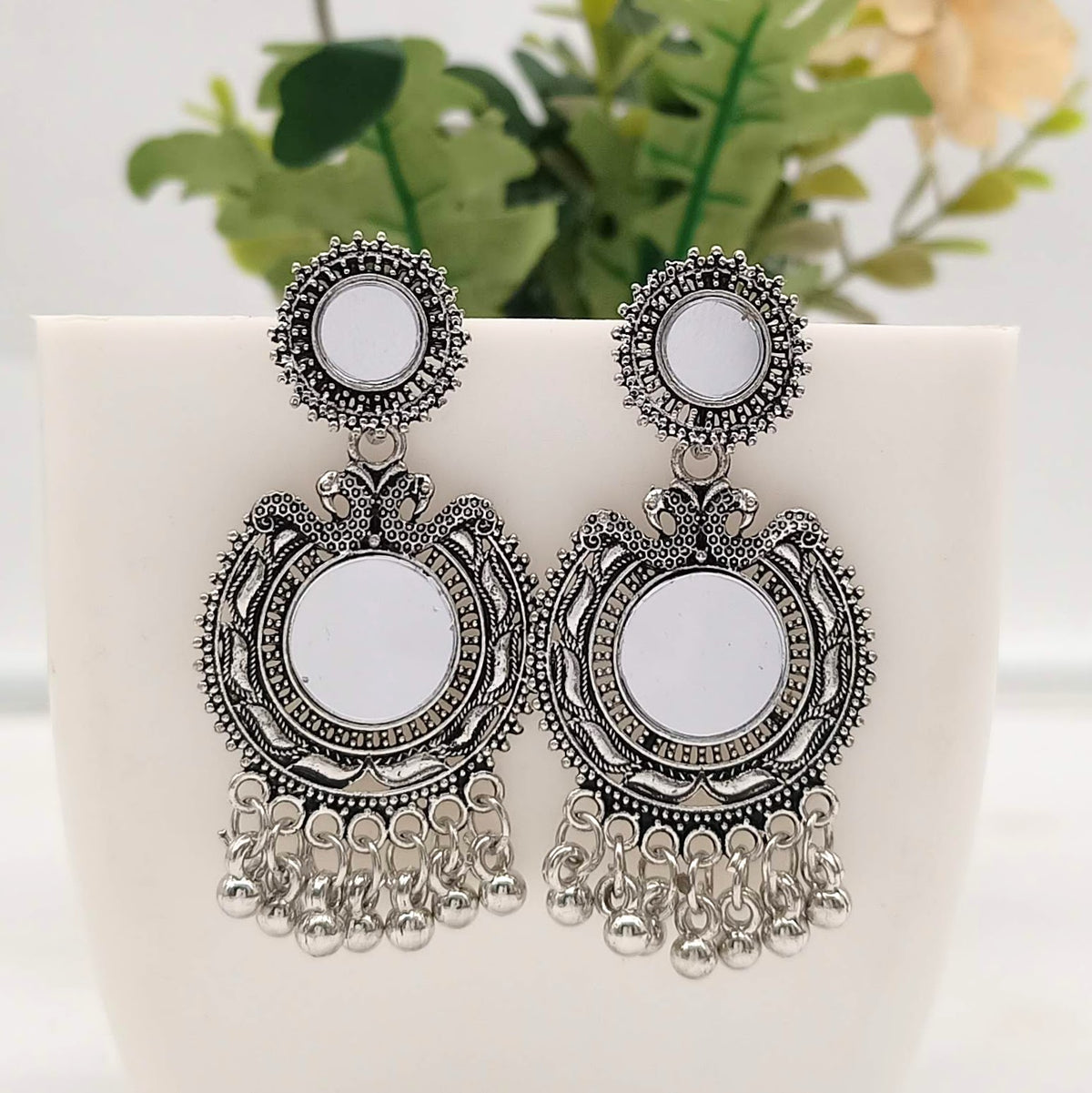 Round Shape Big & Small Mirror Silver Classic Oxidised Earrings