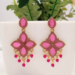 Pink Color Floral Mirror Golden Classic Oxidised Earrings